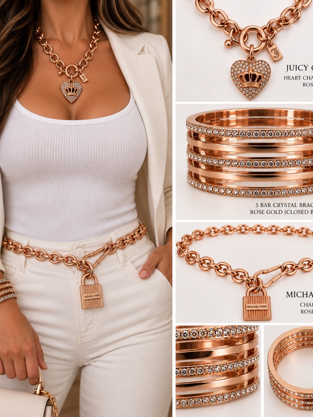 Michael Kors Rose Gold Chain belt, jJuicy Couture necklace and cuff bracelet